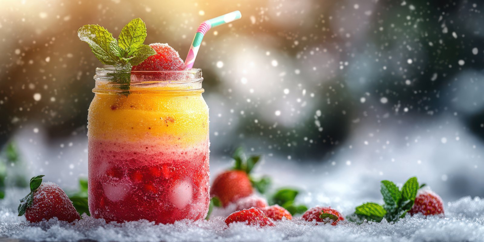 Colourful layered fruit drink garnished with mint and strawberries in a snowy outdoor setting